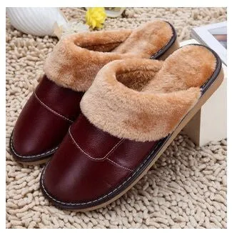 6 Colors Genuine Leather Home Slippers High Quality Women Men Slippers Plush Warm Indoor Shoes Men Women Size 35-44