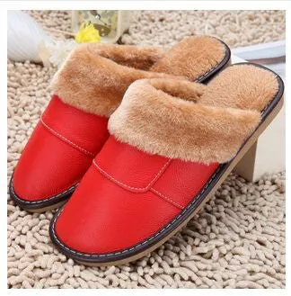 6 Colors Genuine Leather Home Slippers High Quality Women Men Slippers Plush Warm Indoor Shoes Men Women Size 35-44
