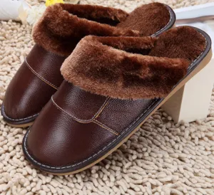 6 Colors Genuine Leather Home Slippers High Quality Women Men Slippers Plush Warm Indoor Shoes Men Women Size 35-44