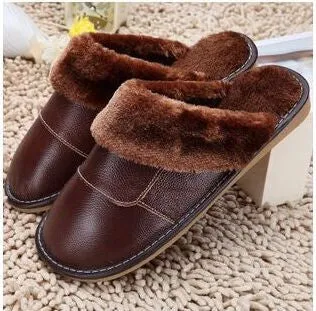 6 Colors Genuine Leather Home Slippers High Quality Women Men Slippers Plush Warm Indoor Shoes Men Women Size 35-44