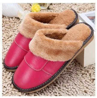 6 Colors Genuine Leather Home Slippers High Quality Women Men Slippers Plush Warm Indoor Shoes Men Women Size 35-44
