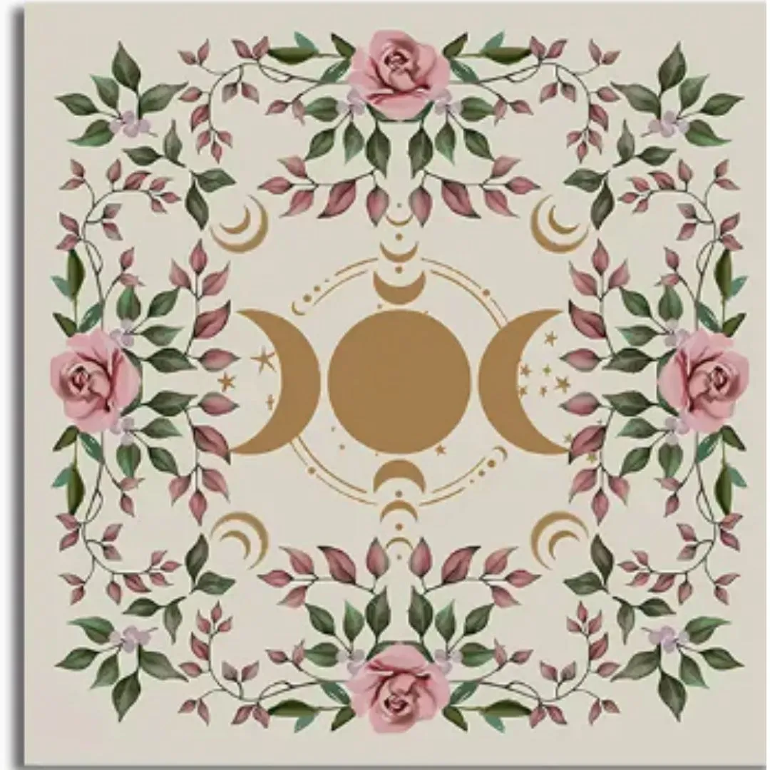 Altar Cloth, White Background, Roses, Moon Phases