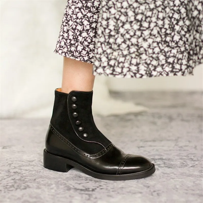 Antmvs Winter Boots Women Ankle Boots Women Boots with Zipper Low Heel Boots Women Shoes Top Coat of Cow Patent Leather Kid Suede