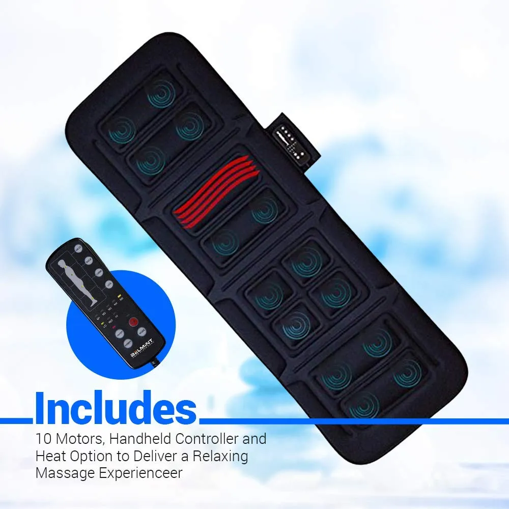 Belmint Vibrating Massage Mat for Full Body - Vibrating Massager Pad with Heat | 10 Vibration Motor Mattress Pad for Neck, Back, Legs Pain Relief (Black)