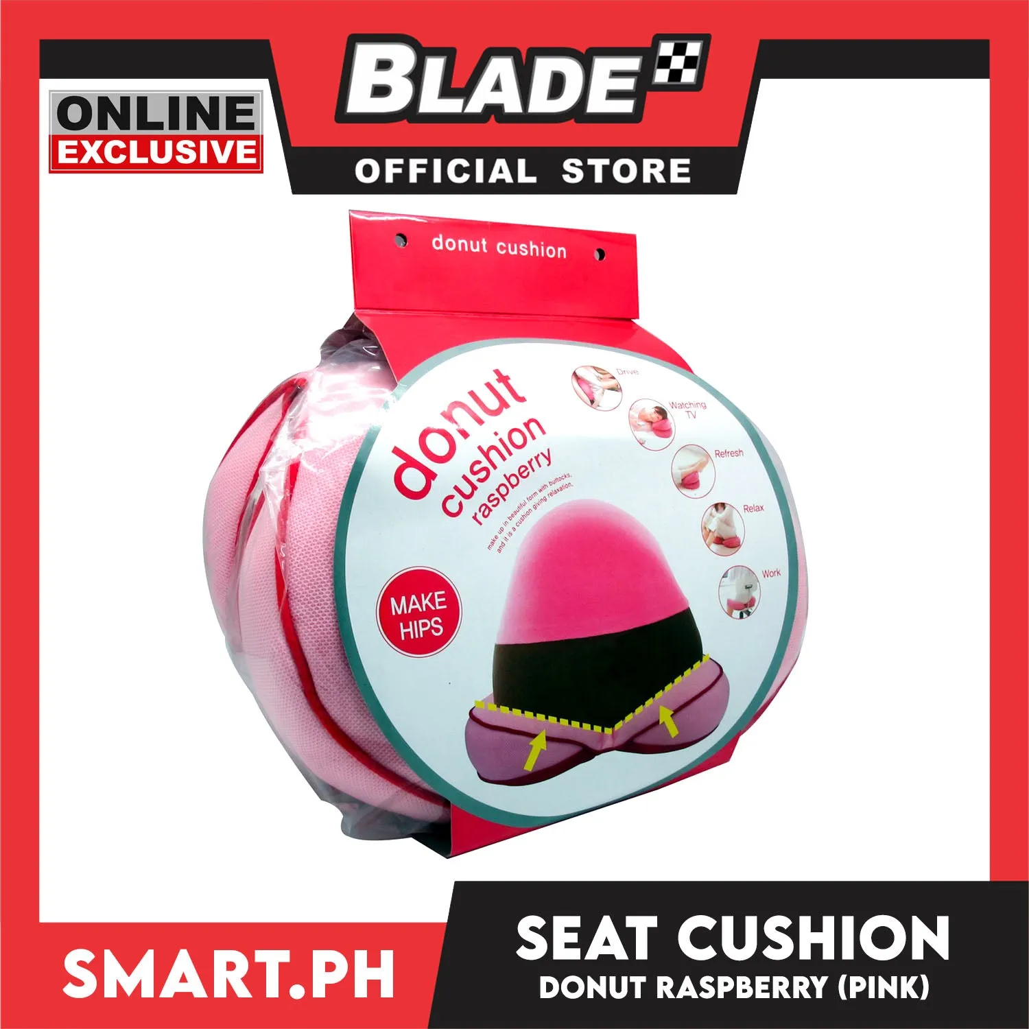 Blade Seat Cushion Donut Raspberry (Pink) For Tailbone Pain Relief Cushion Pillow for Sitting 100% Memory Foam