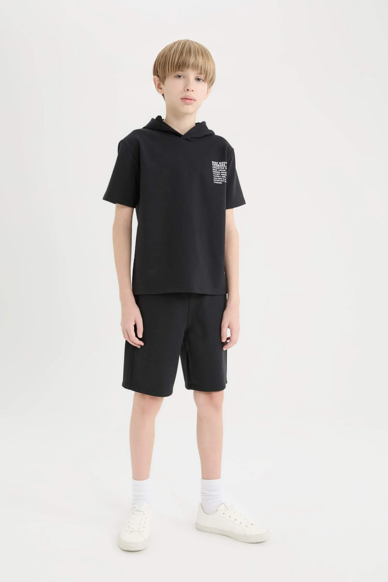 Boy Hooded Printed T-Shirt Elastic Waist Shorts 2 Piece Set