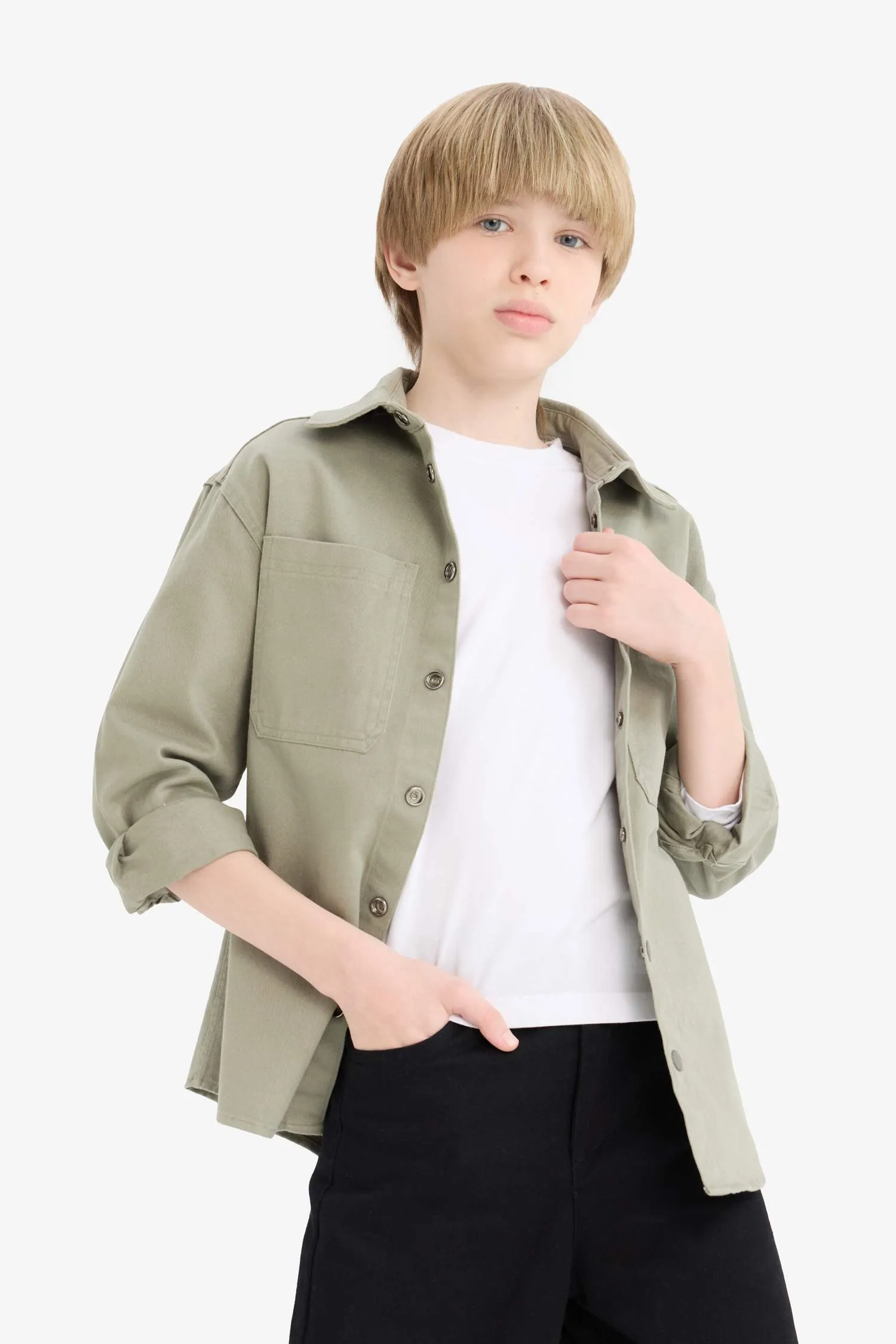 Boy Oversize Fit Polo Neck Twill Long Sleeve Shirt
