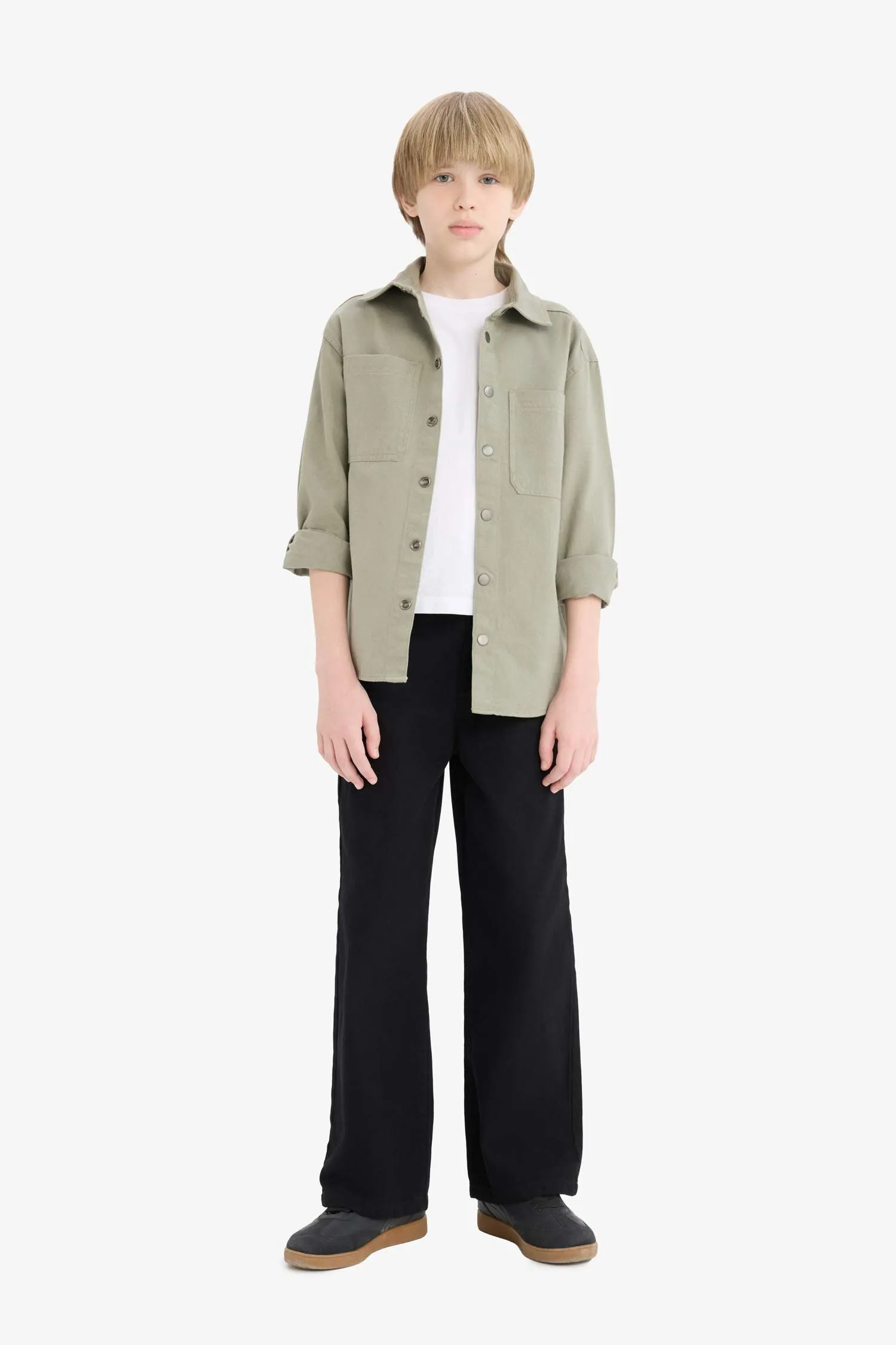 Boy Oversize Fit Polo Neck Twill Long Sleeve Shirt