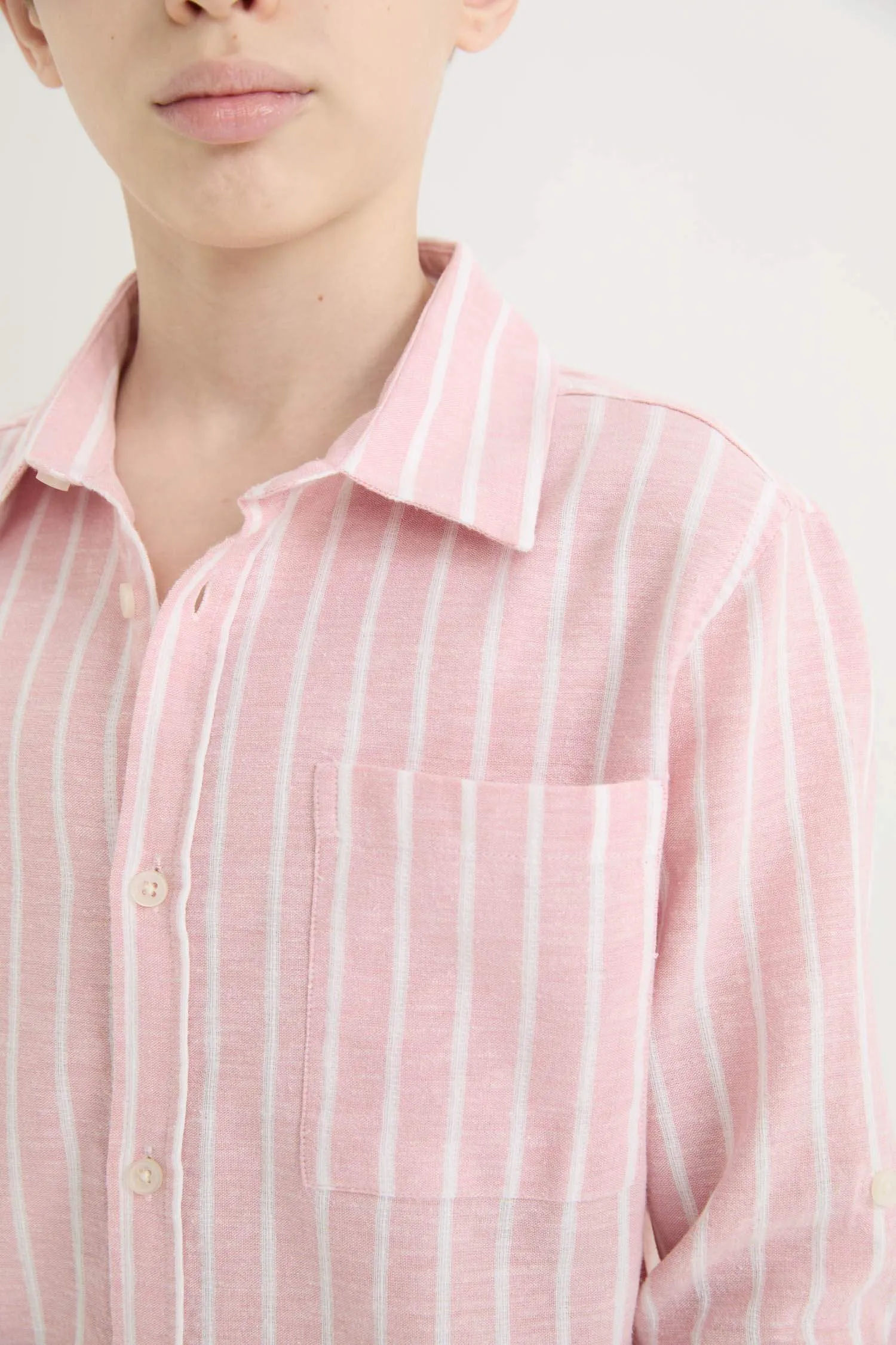 Boy Regular Fit Polo Collar Striped Linen Blend Shirt