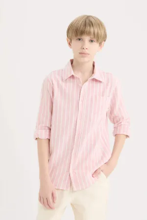 Boy Regular Fit Polo Collar Striped Linen Blend Shirt