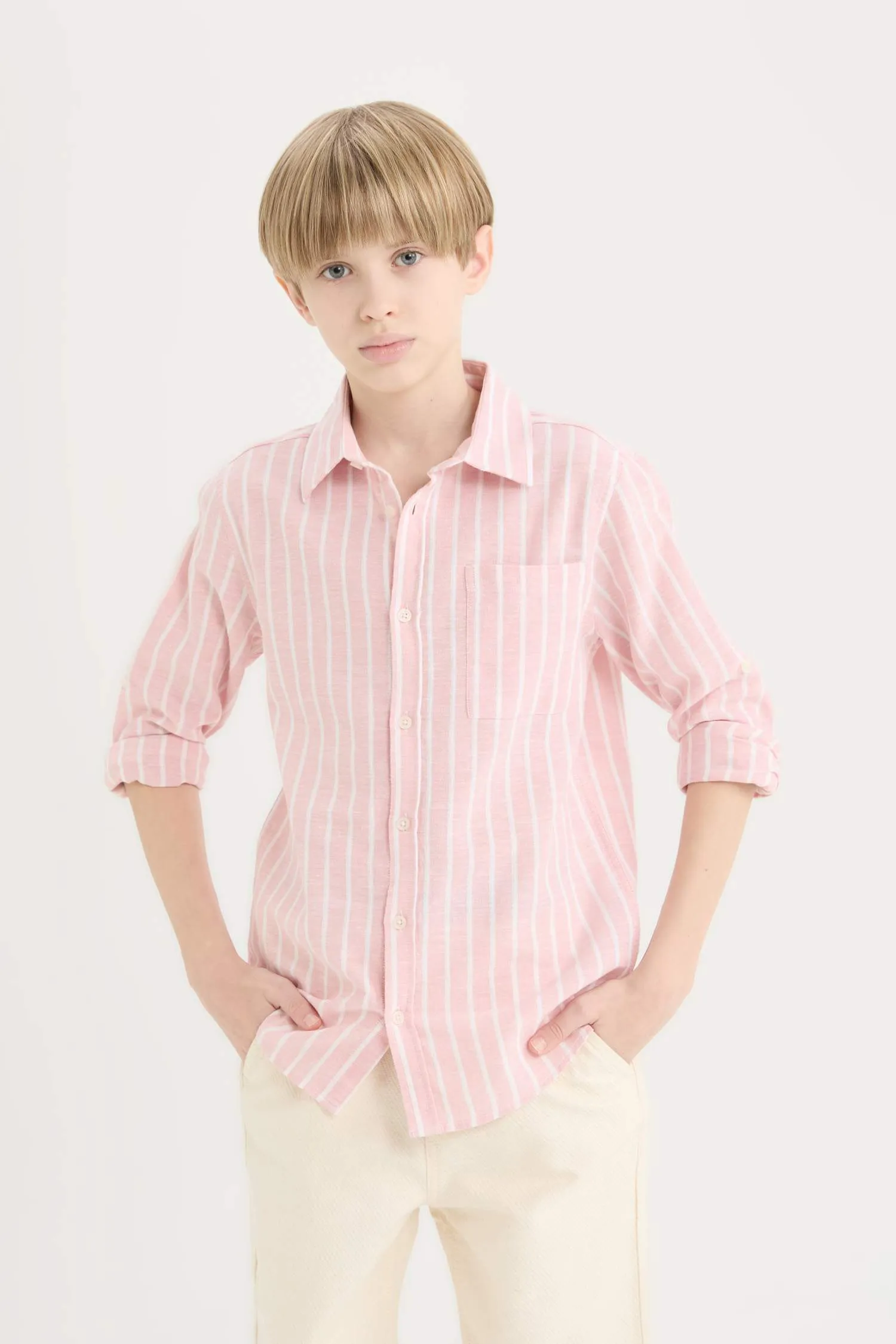 Boy Regular Fit Polo Collar Striped Linen Blend Shirt