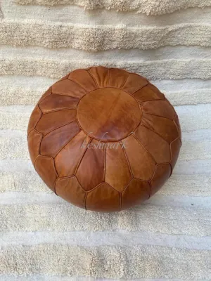 Brown Tan Pouf, Moroccan Leather Pouf - Round Berber Ottoman