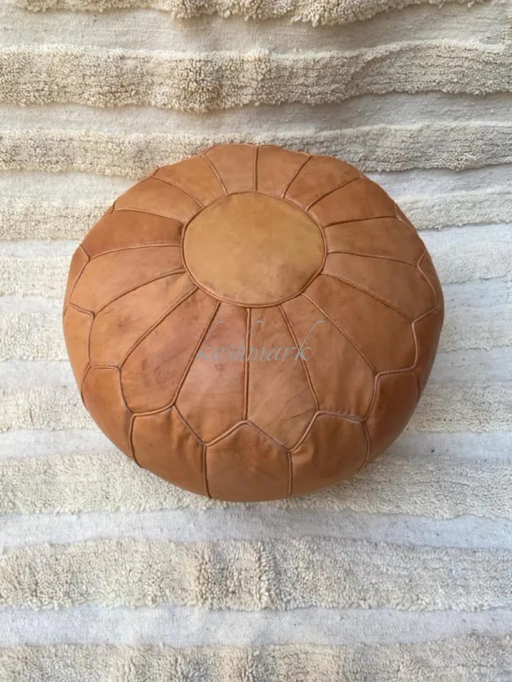 Brown Tan Pouf, Moroccan Leather Pouf - Round Berber Ottoman