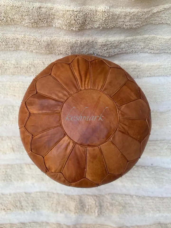 Brown Tan Pouf, Moroccan Leather Pouf - Round Berber Ottoman
