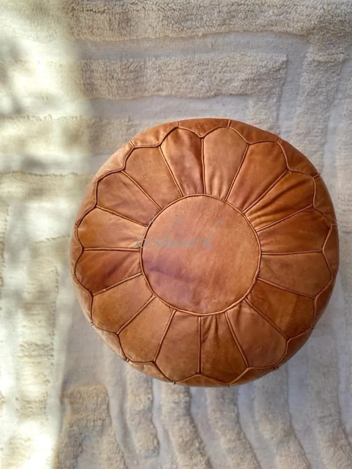 Brown Tan Pouf, Moroccan Leather Pouf - Round Berber Ottoman