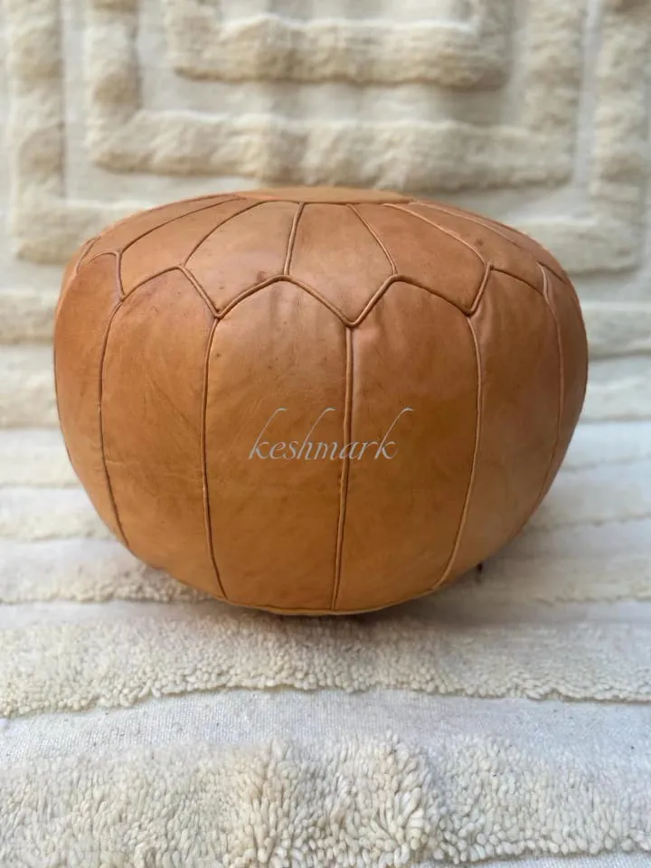 Brown Tan Pouf, Moroccan Leather Pouf - Round Berber Ottoman