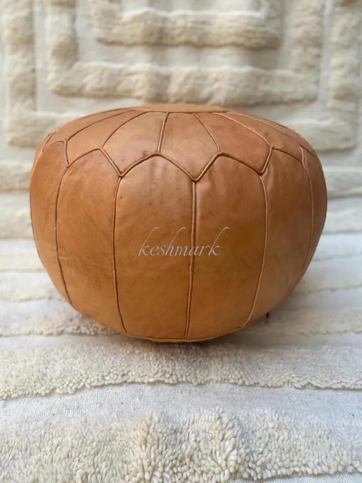 Brown Tan Pouf, Moroccan Leather Pouf - Round Berber Ottoman