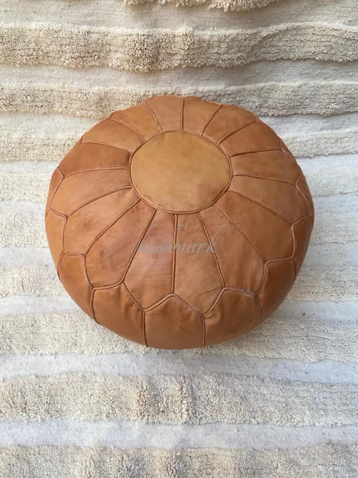 Brown Tan Pouf, Moroccan Leather Pouf - Round Berber Ottoman