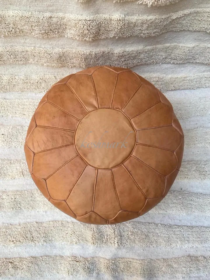 Brown Tan Pouf, Moroccan Leather Pouf - Round Berber Ottoman
