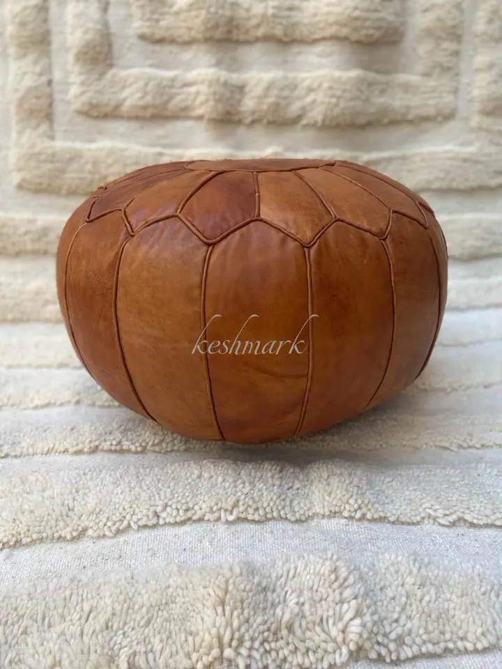 Brown Tan Pouf, Moroccan Leather Pouf - Round Berber Ottoman