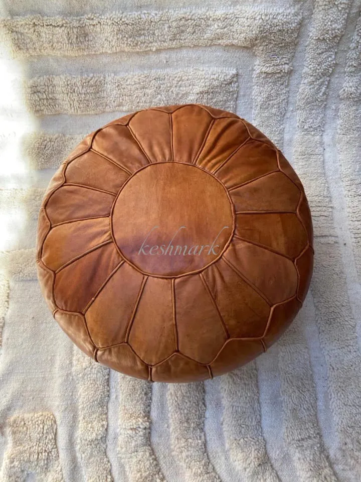 Brown Tan Pouf, Moroccan Leather Pouf - Round Berber Ottoman