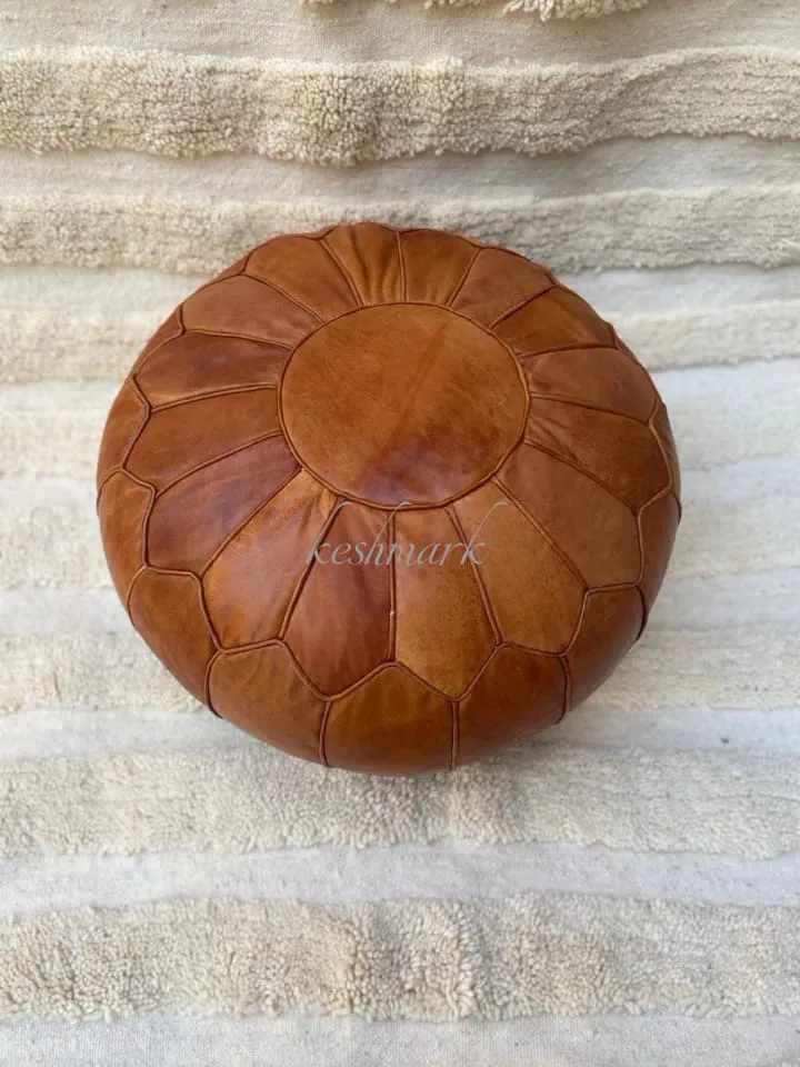 Brown Tan Pouf, Moroccan Leather Pouf - Round Berber Ottoman