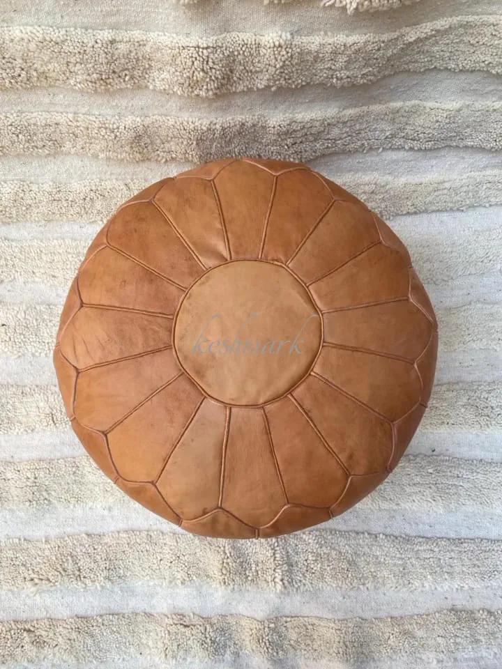 Brown Tan Pouf, Moroccan Leather Pouf - Round Berber Ottoman