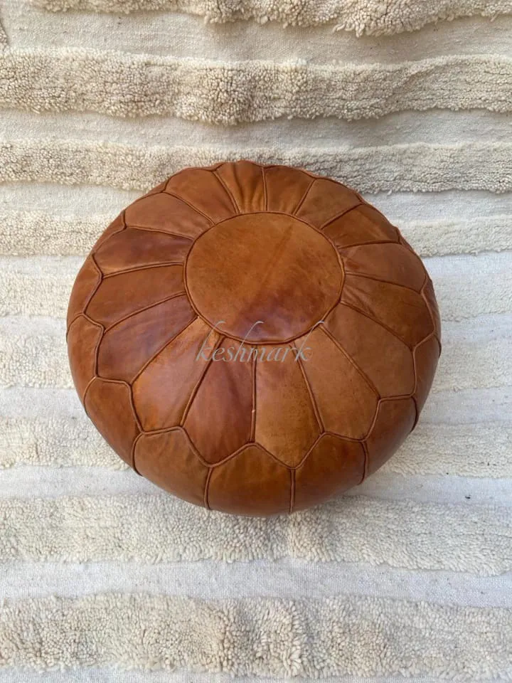 Brown Tan Pouf, Moroccan Leather Pouf - Round Berber Ottoman