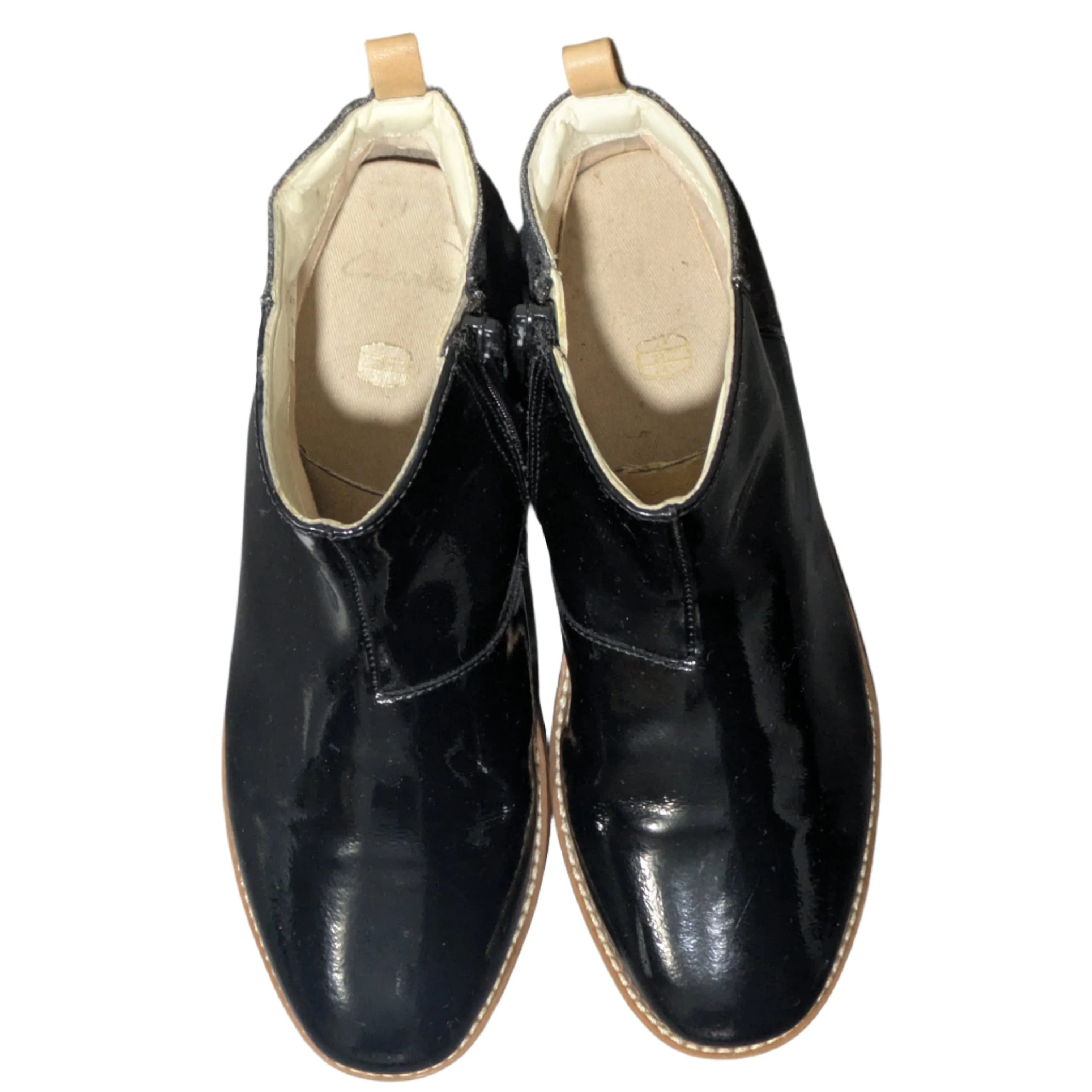 Clarks Drew Fun Kid Ankle Boots – Black Patent with Sparkle Heel – Size UK 2 / EU 34 / US 2.5