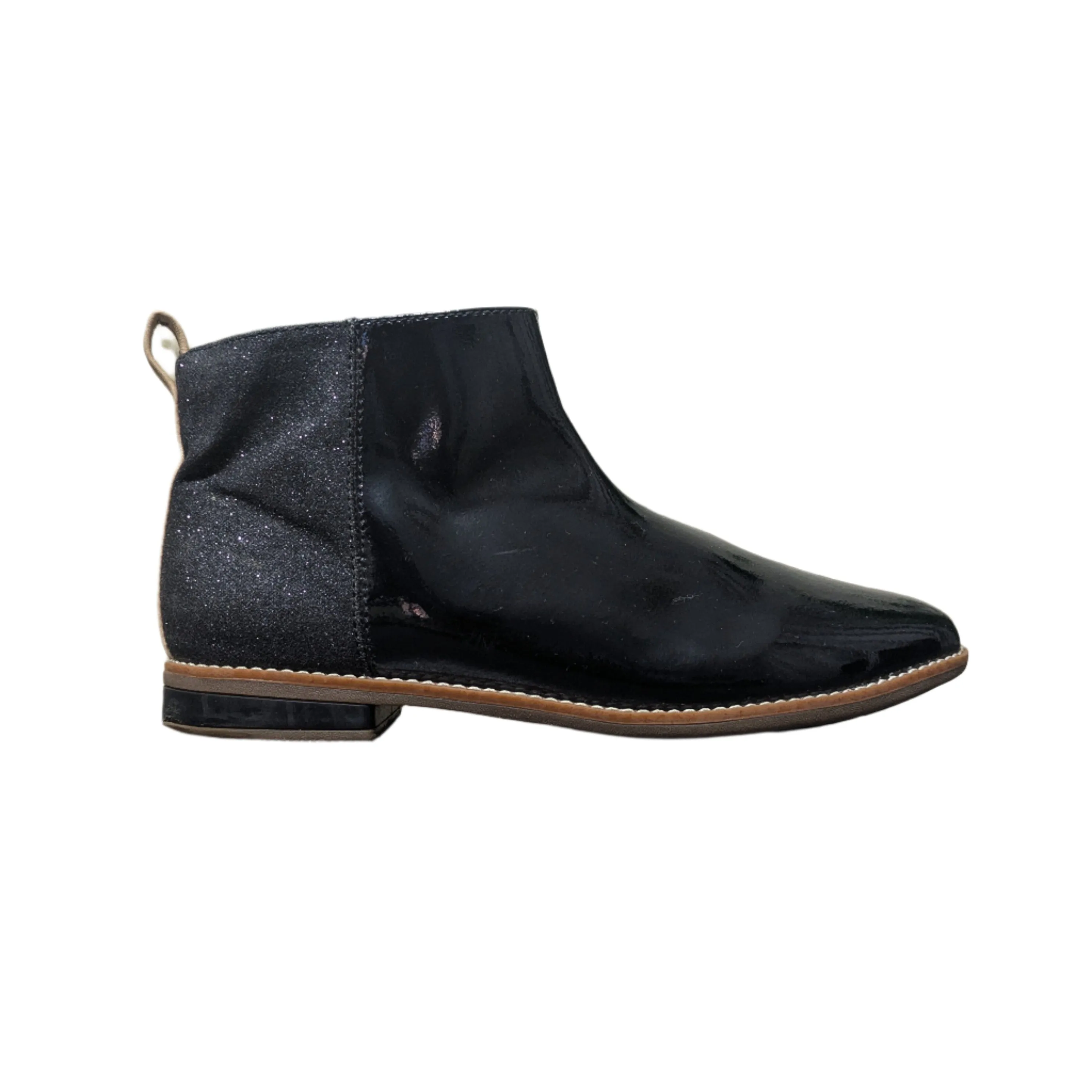 Clarks Drew Fun Kid Ankle Boots – Black Patent with Sparkle Heel – Size UK 2 / EU 34 / US 2.5