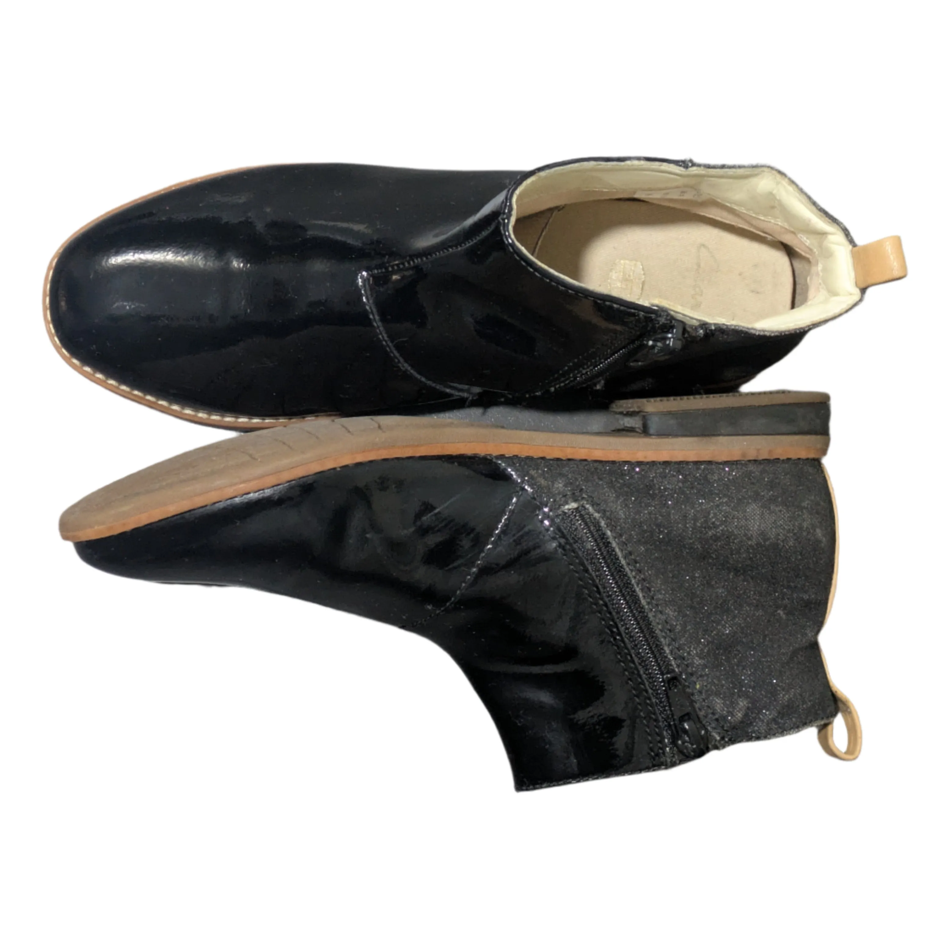 Clarks Drew Fun Kid Ankle Boots – Black Patent with Sparkle Heel – Size UK 2 / EU 34 / US 2.5