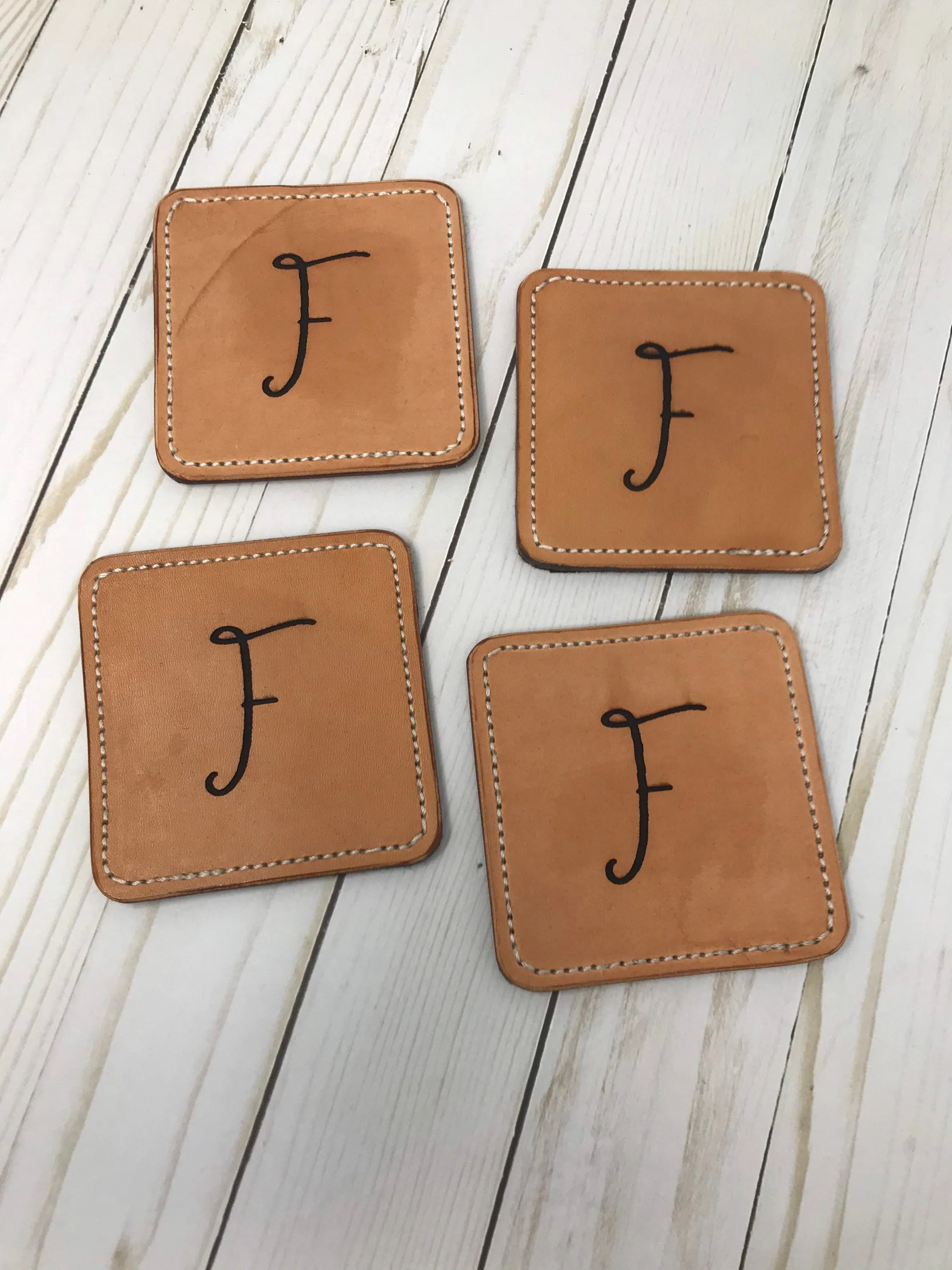 Coasters, Monogrammed Leather Coasters| 4 Pack |Stitched Coasters | Logo Engraved