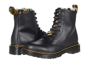 Dr. Martens 1460 Serena (Little Kid/Big Kid) Black Romario/Smoother Finish Leopard Faux Fur 12 UK (US 13 Little Kid) M