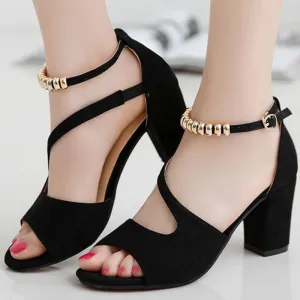 Fish mouth hollow Roman sandals thick with word with beaded high heels female summer Sexy female sandals
