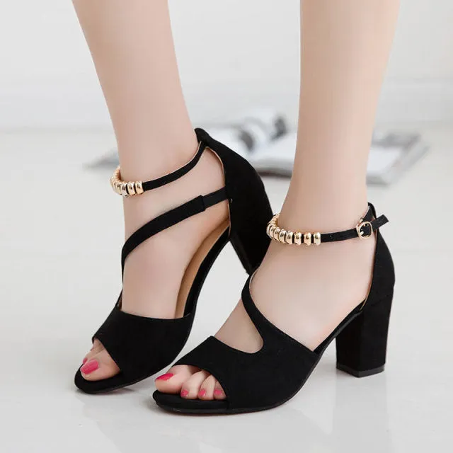 Fish mouth hollow Roman sandals thick with word with beaded high heels female summer Sexy female sandals