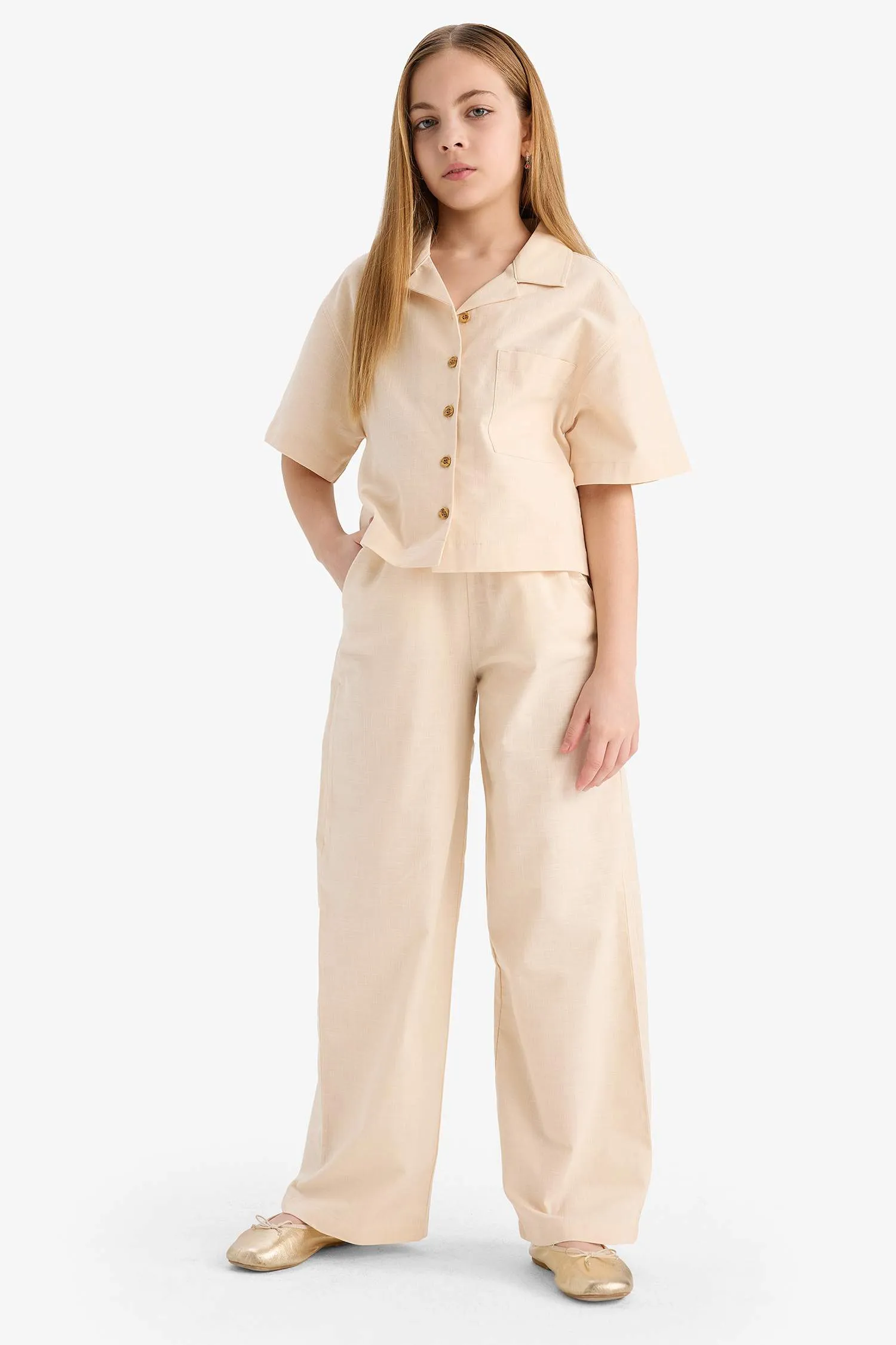 Girl Linen Short Sleeve Crop Shirt