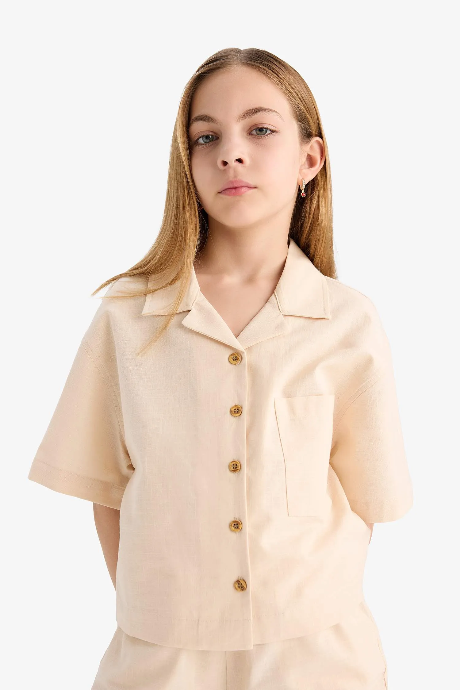 Girl Linen Short Sleeve Crop Shirt