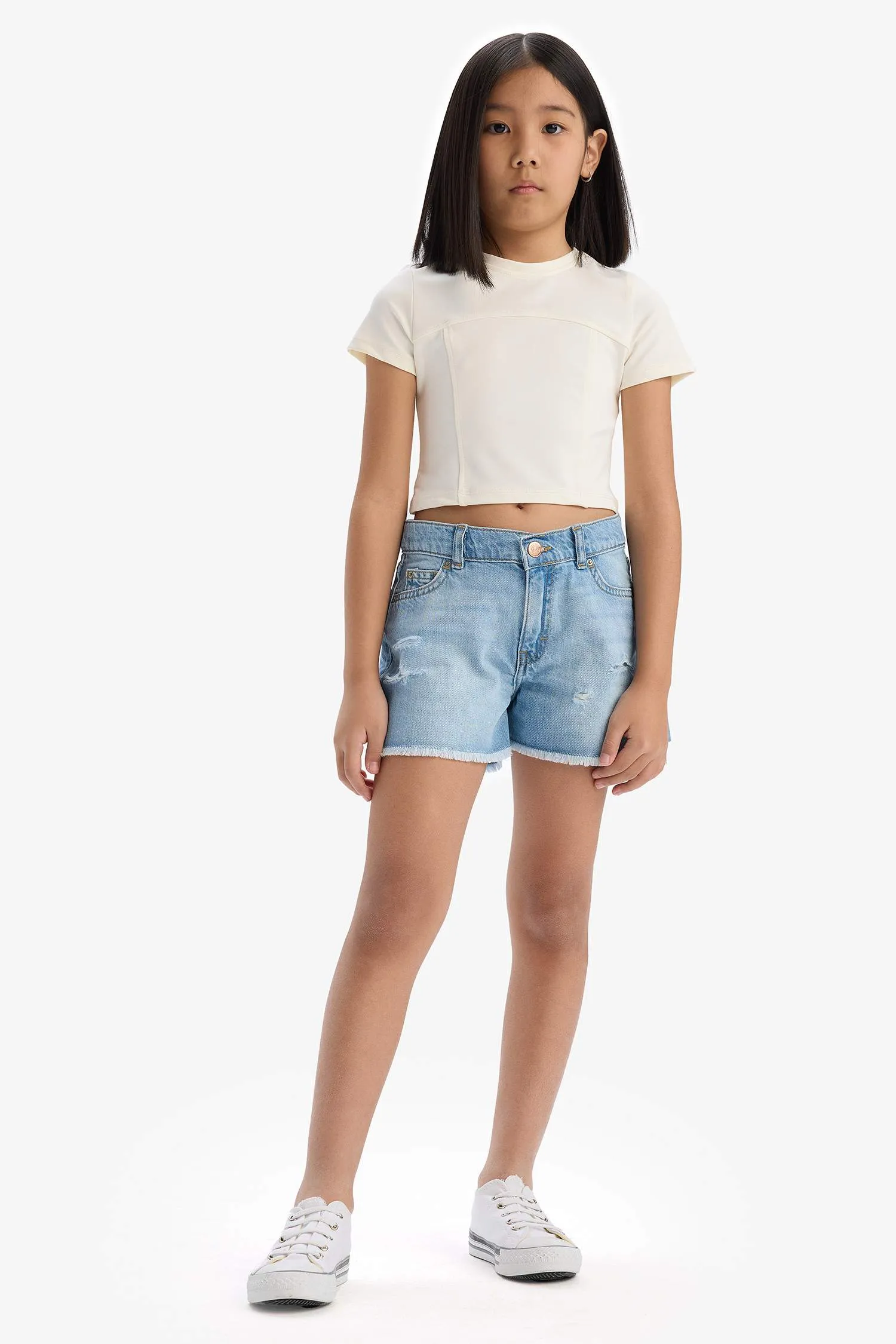 Girl Ripped Detailed Cotton Shorts