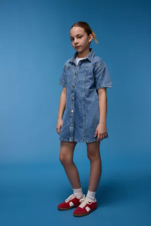 Girl Shirt Collar Short Sleeve Cotton Jean Dress