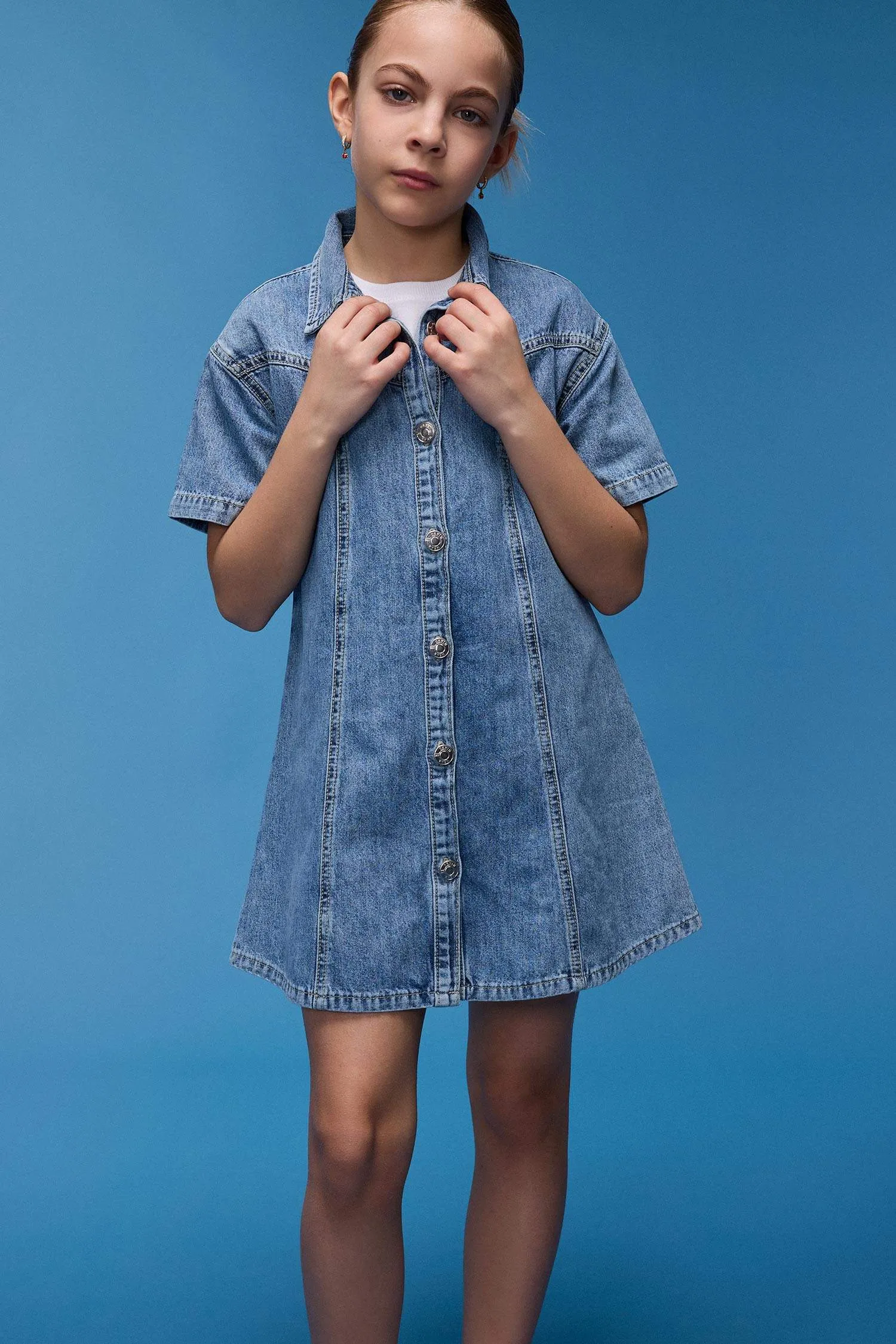 Girl Shirt Collar Short Sleeve Cotton Jean Dress