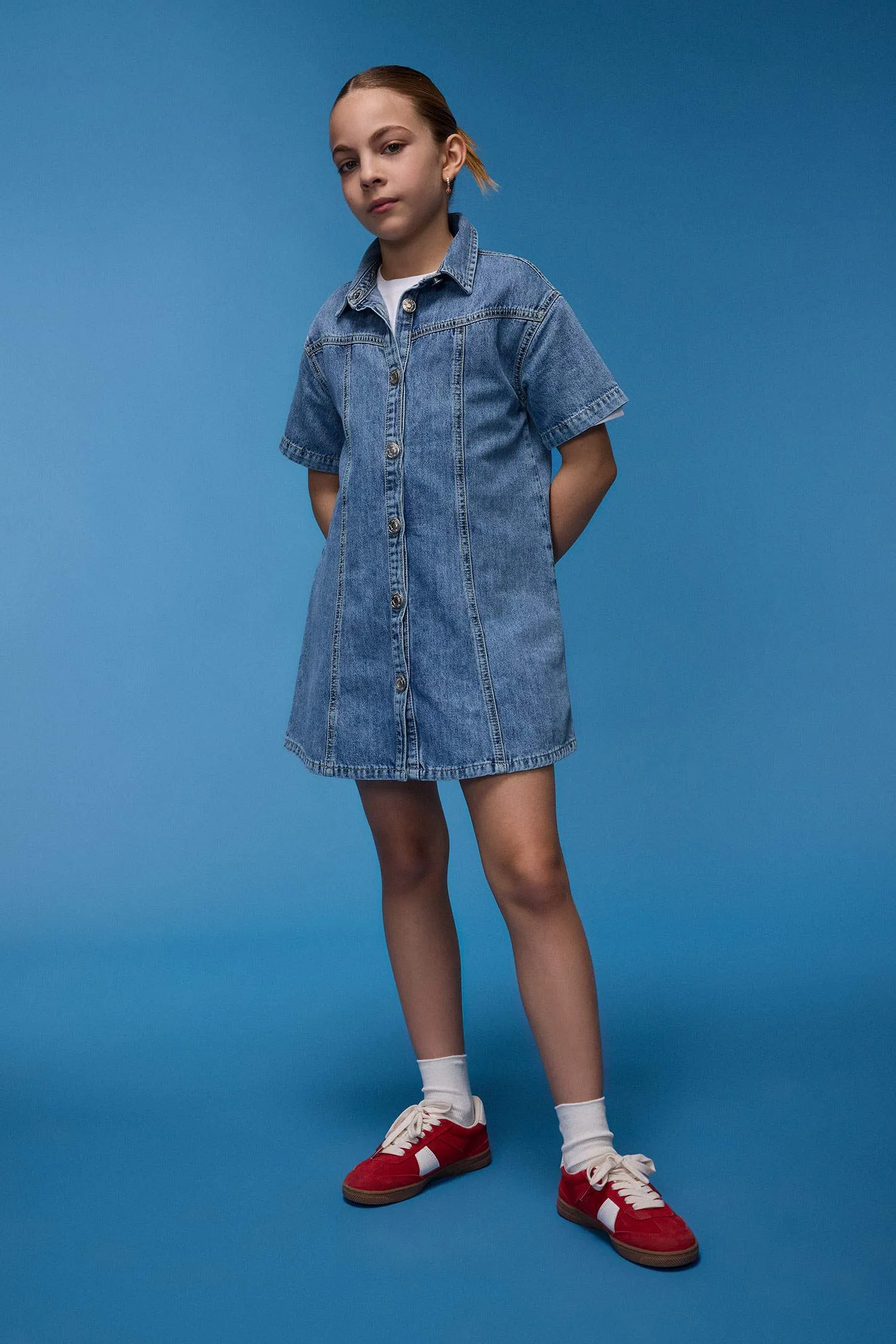 Girl Shirt Collar Short Sleeve Cotton Jean Dress