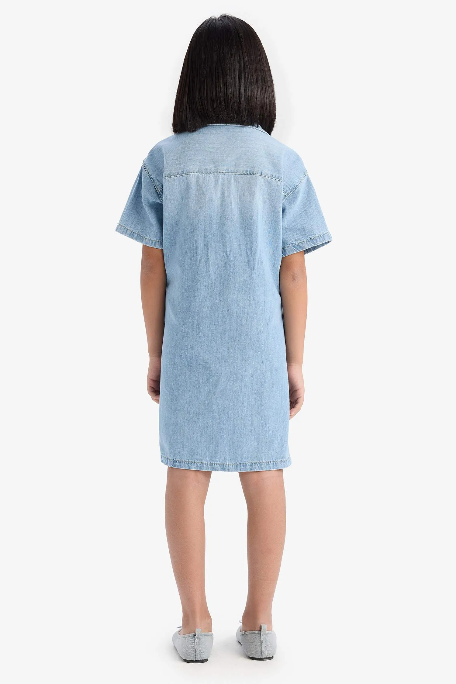 Girl Shirt Collar Short Sleeve Cotton Jean Dress