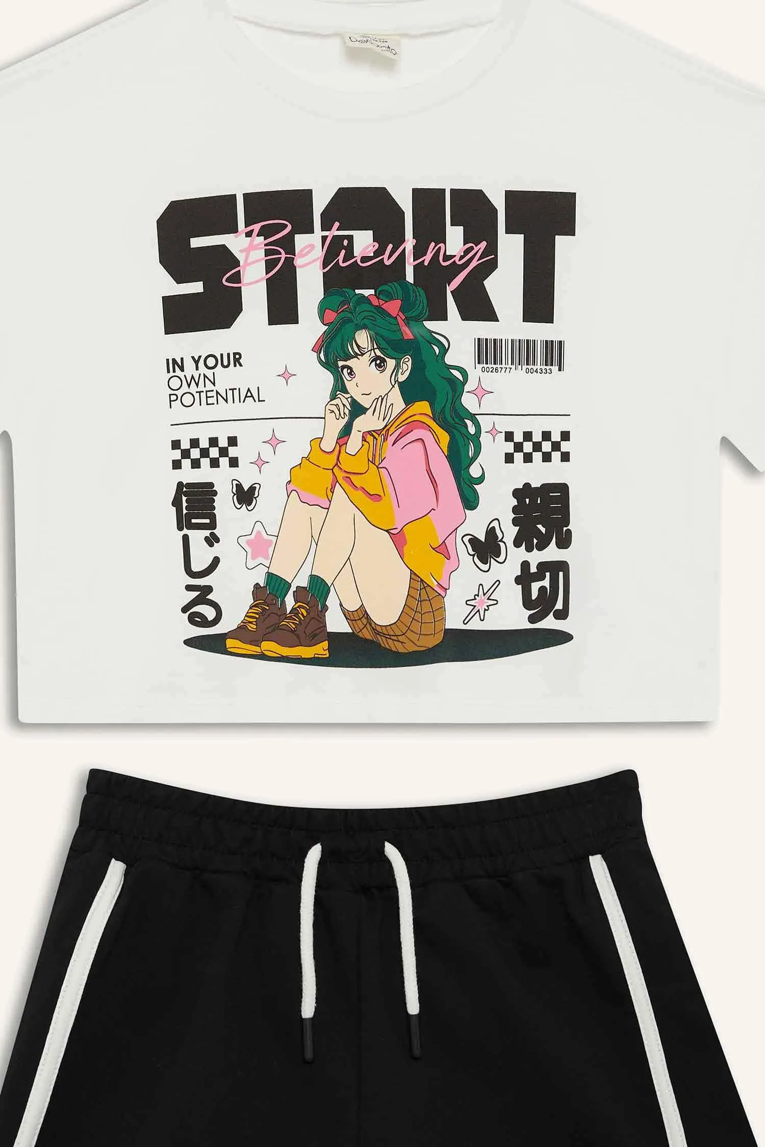 Girl Short Sleeve T-Shirt Flexible Waist Shorts 2 Piece Set
