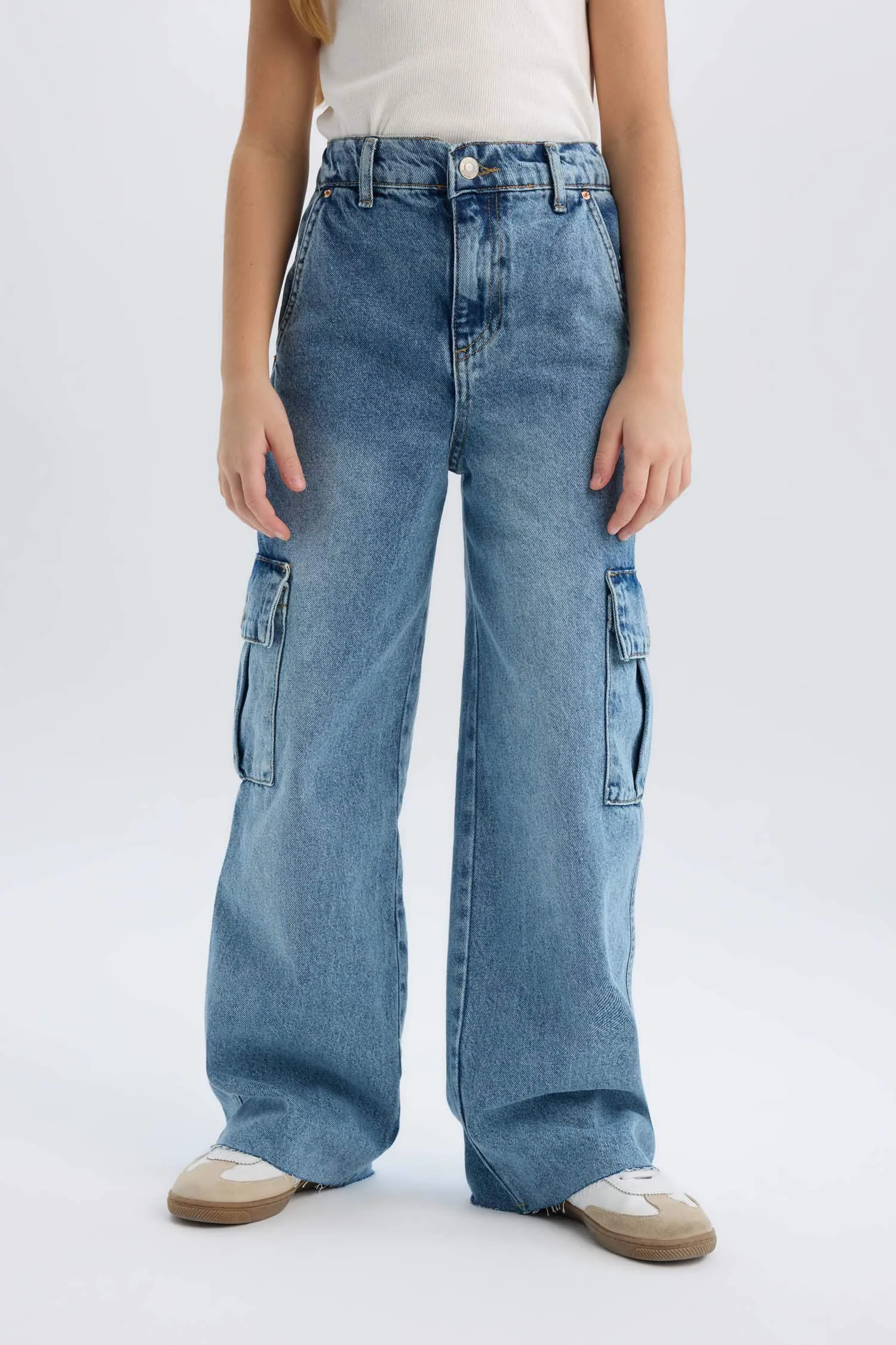 Girl Wide Leg Cotton Cargo Jeans