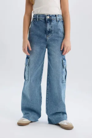 Girl Wide Leg Cotton Cargo Jeans
