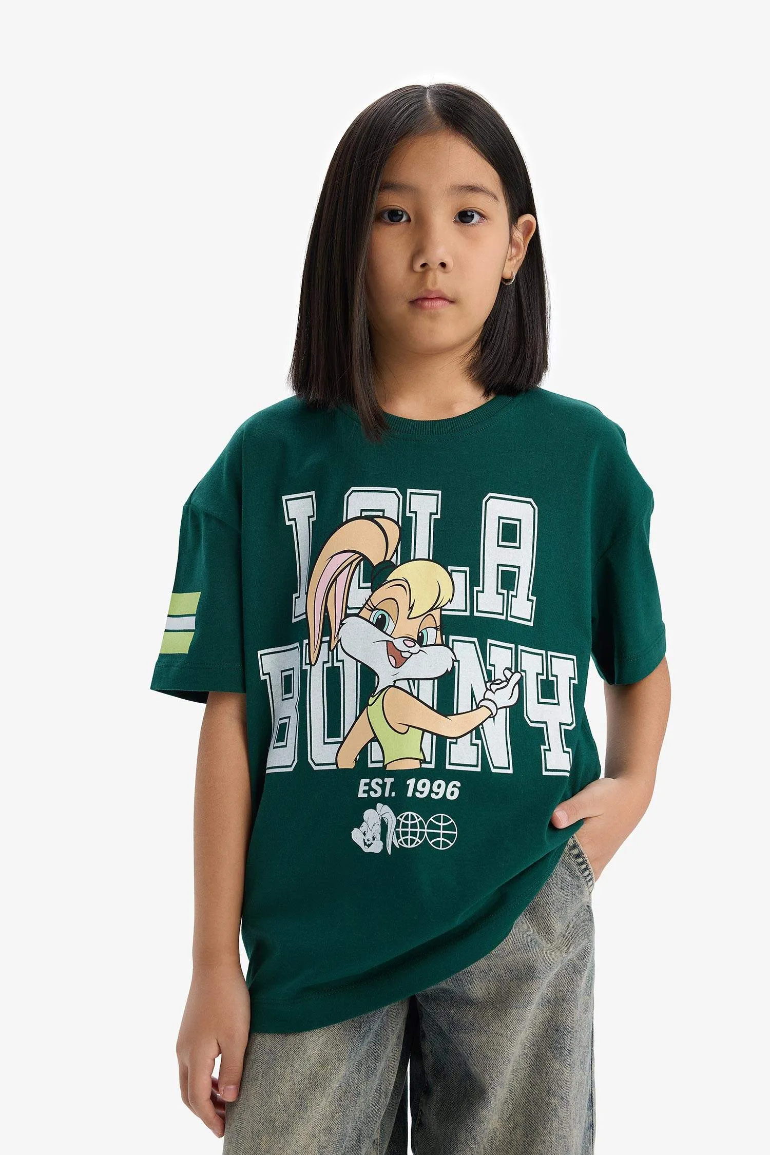 Girls Looney Tunes Oversize Wide Mold Bike Collar Short Sleeve T-shirt