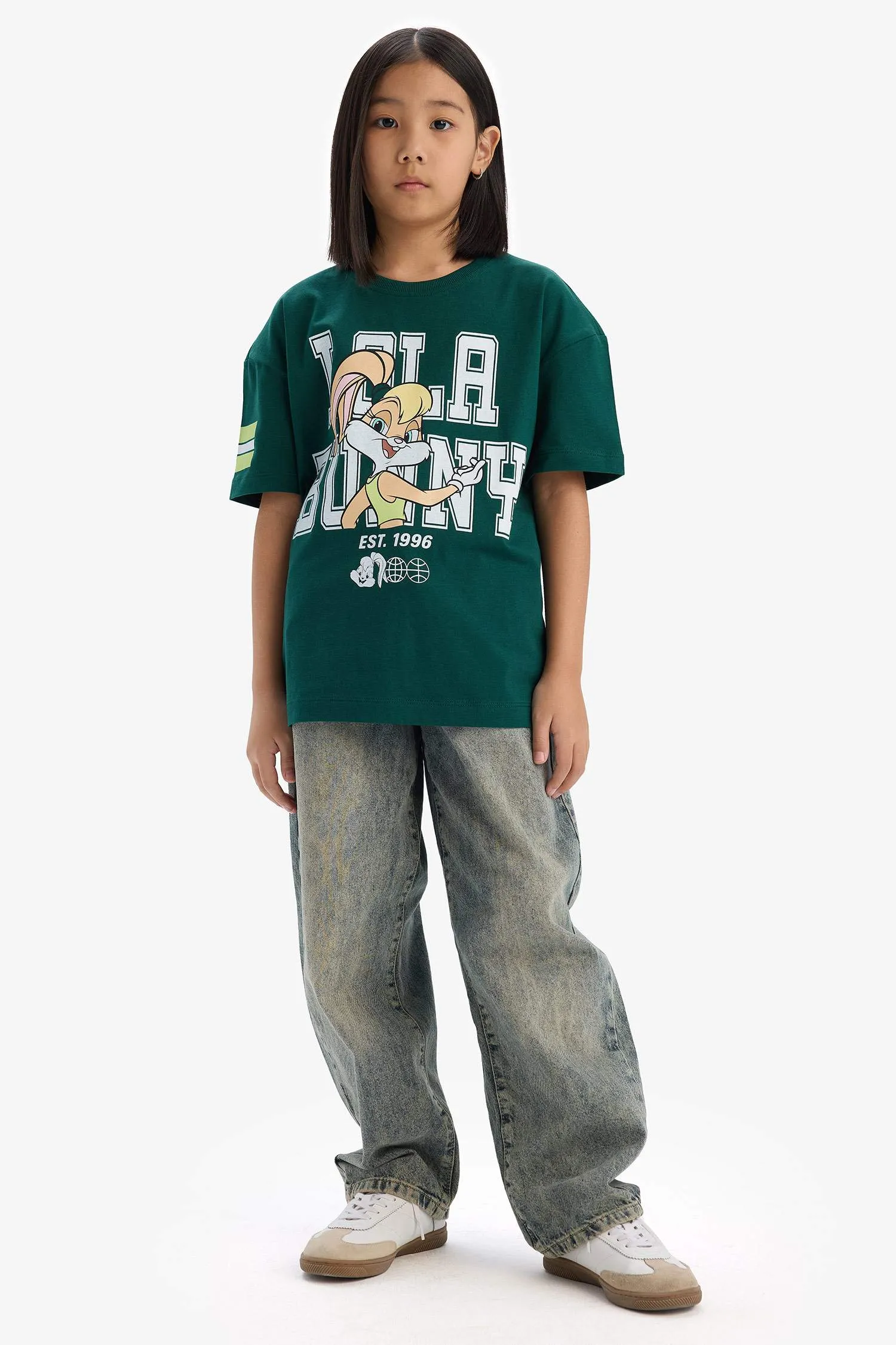 Girls Looney Tunes Oversize Wide Mold Bike Collar Short Sleeve T-shirt