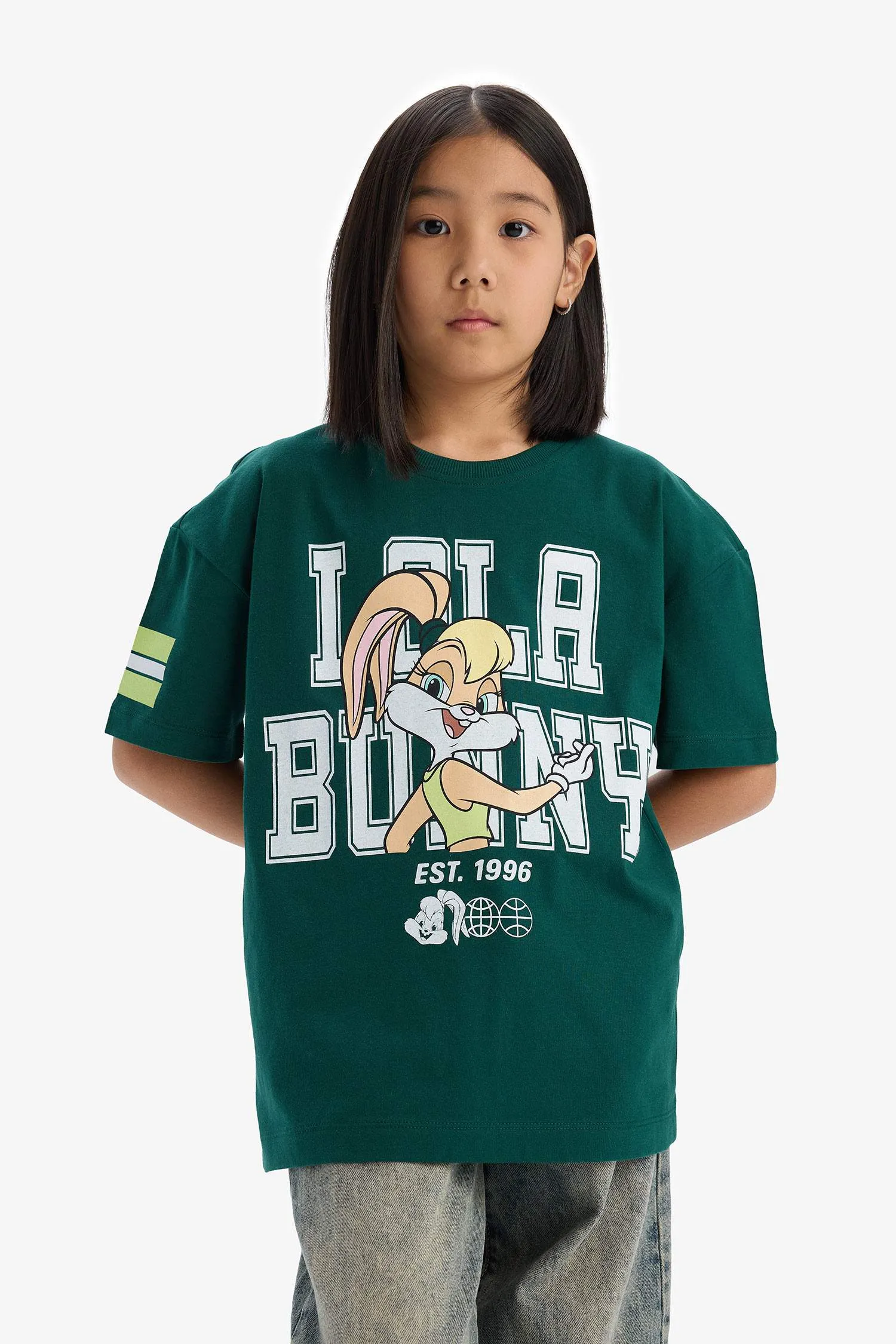 Girls Looney Tunes Oversize Wide Mold Bike Collar Short Sleeve T-shirt
