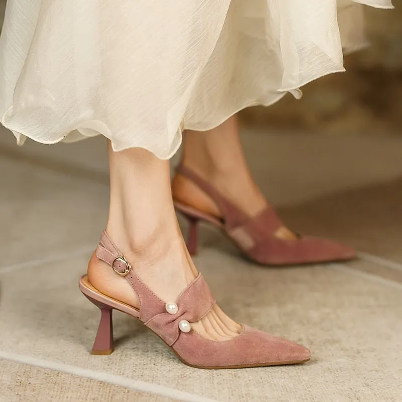 goosudu Party Prom Women Slingbacks Pumps Summer New Kid Suede Sandals Fashion Pointed Toe High Heels Shoes Woman Heels for Women