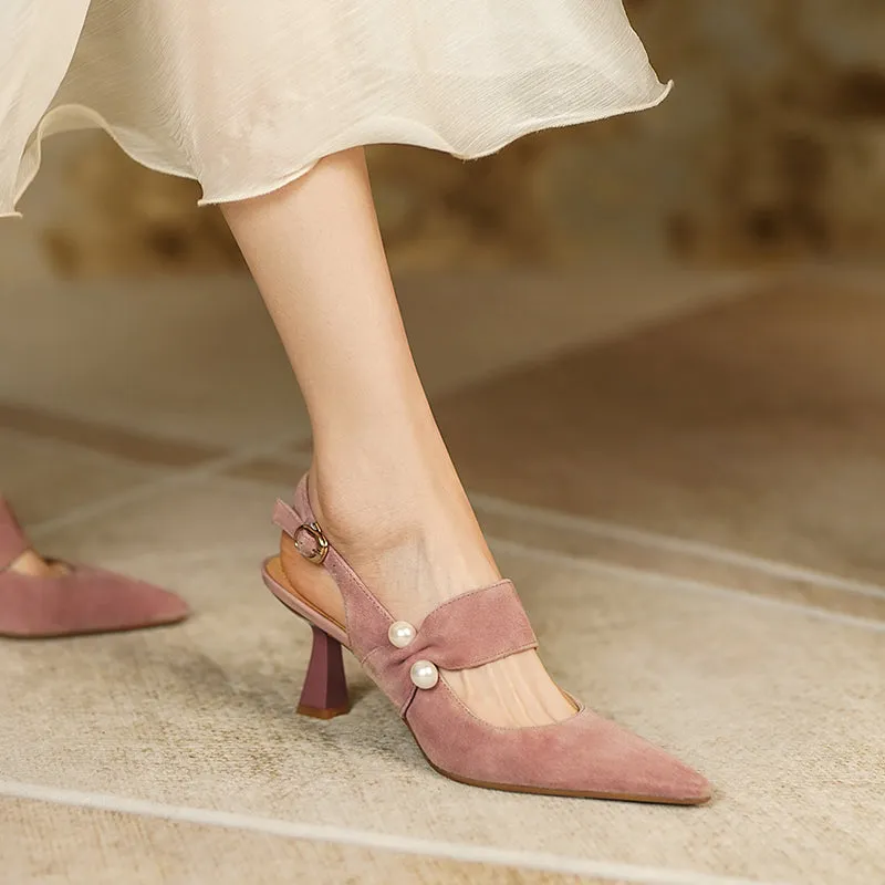 goosudu Party Prom Women Slingbacks Pumps Summer New Kid Suede Sandals Fashion Pointed Toe High Heels Shoes Woman Heels for Women